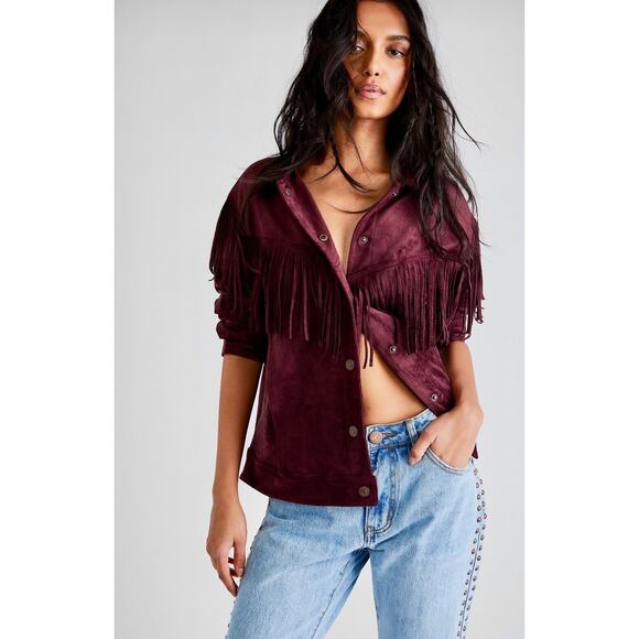 Free People Cosmic Karma Jacket Vegan Suede Fringed Button Coat Wine Plum XL